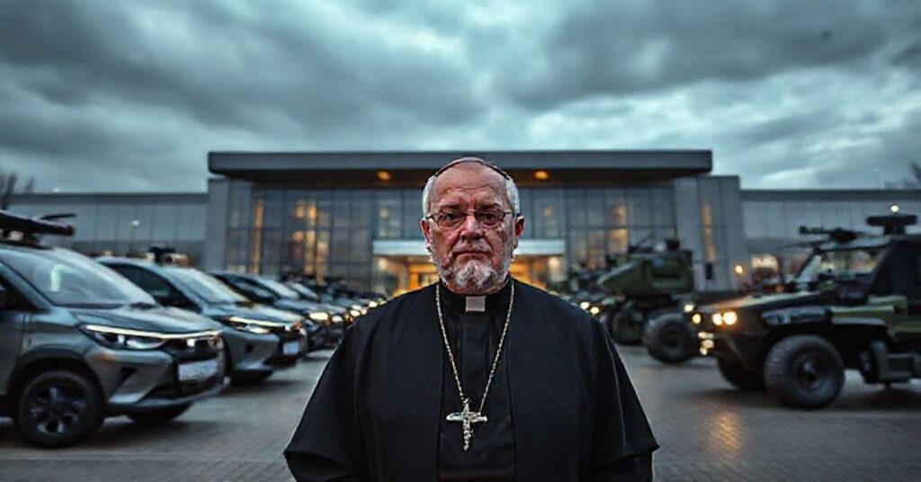 Katolicki teolog stoi przed Centrum Elektromobilności i Automatyzacji Transportu w Warszawie, wyrażając głęboką troskę o moralne i duchowe konsekwencje technokratycznej utopii