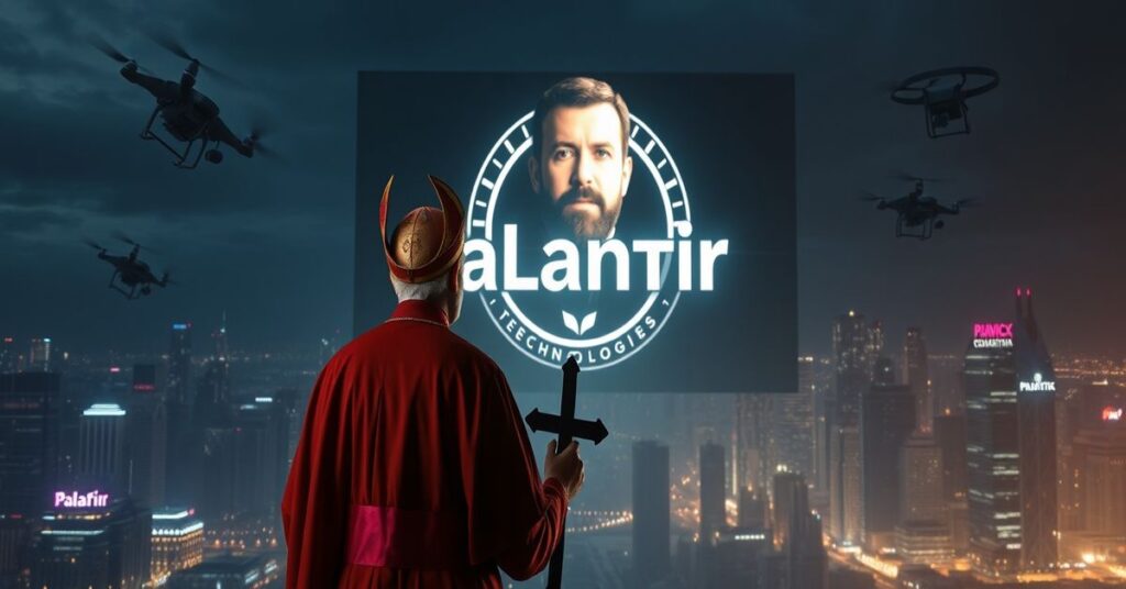 Ksiądz w tradycyjnych szatach stoi przed mrocznym futurystycznym miastem z logo Palantir Technologies w tle. Scena symbolizuje technokratyczny mesjanizm Petera Thiela.