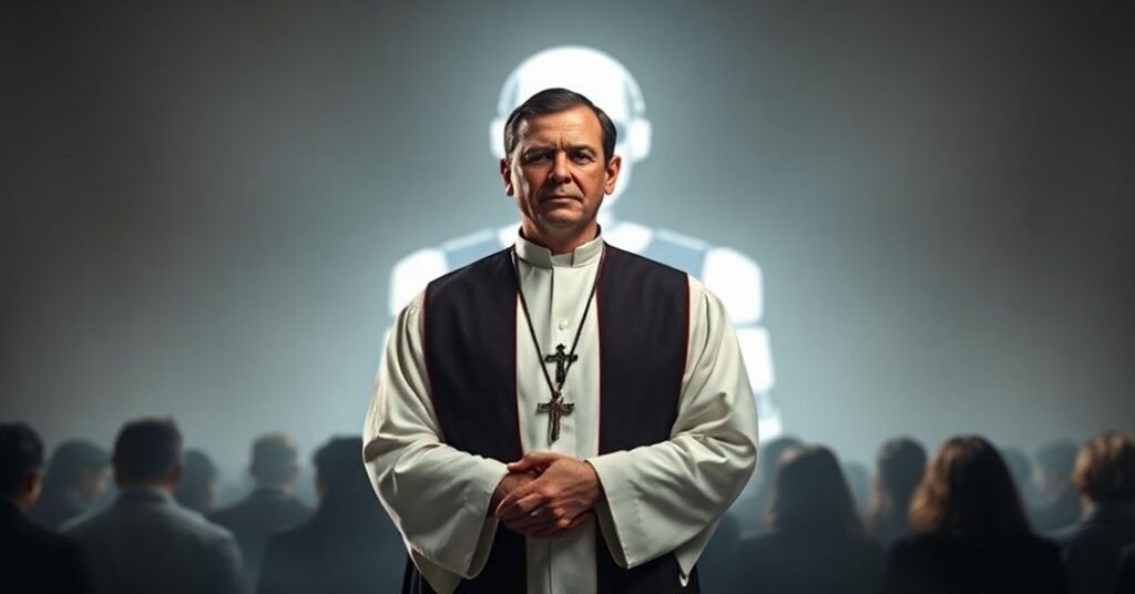 Ksiądz w tradycyjnej szacie liturgicznej stoi przed grupą zmartwychwstałych osób, symbolizujących szkody psychiczne spowodowane przez sztuczną inteligencję. W tle widać postać chatbota jako alegorię herezji modernistycznej.