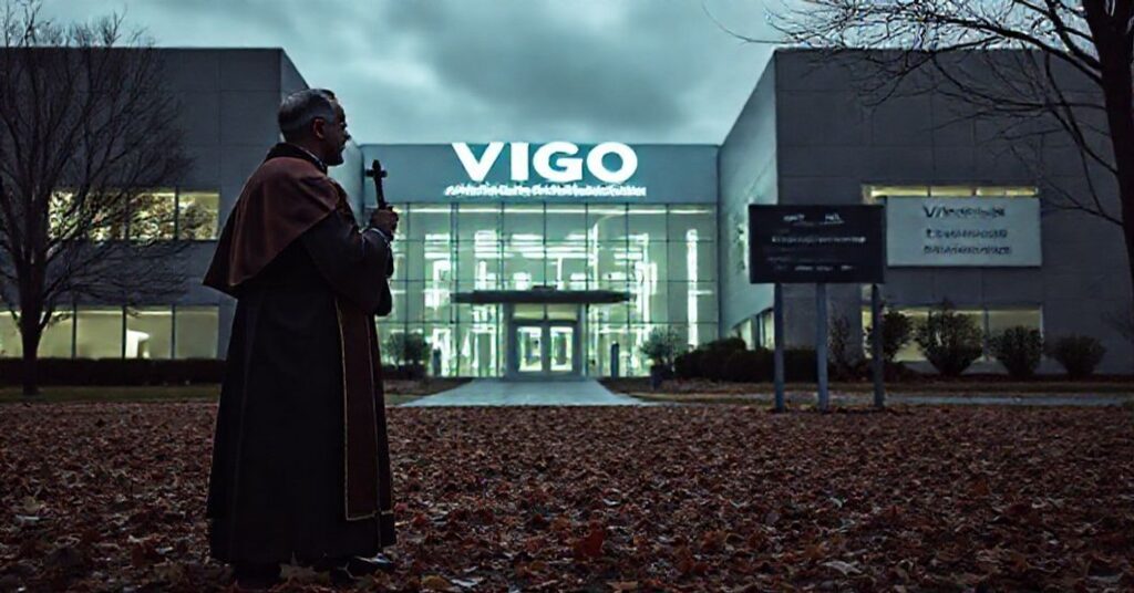 Tradycyjny ksiądz w szatach liturgicznych trzymający krzyż przed nowoczesnym kompleksem technologicznym z napisami firm VIGO Photonics i SATROECG Diagnostics.