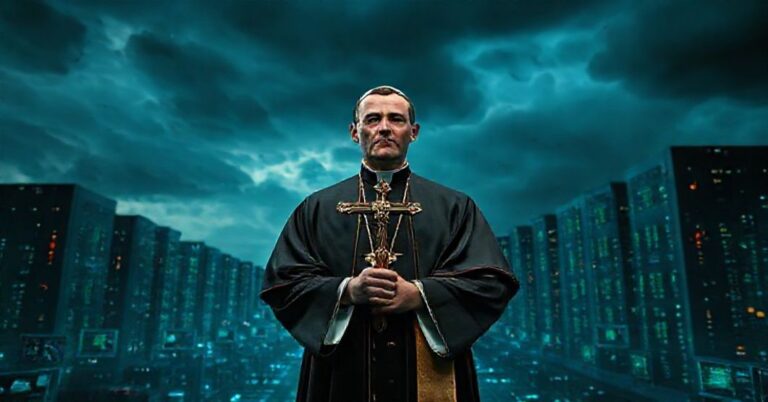 Mężczyzna w biskupim ubraniu trzymający krzyż przed technologicznym pejzażem pełnym serwerów AI i ekranów cyfrowych