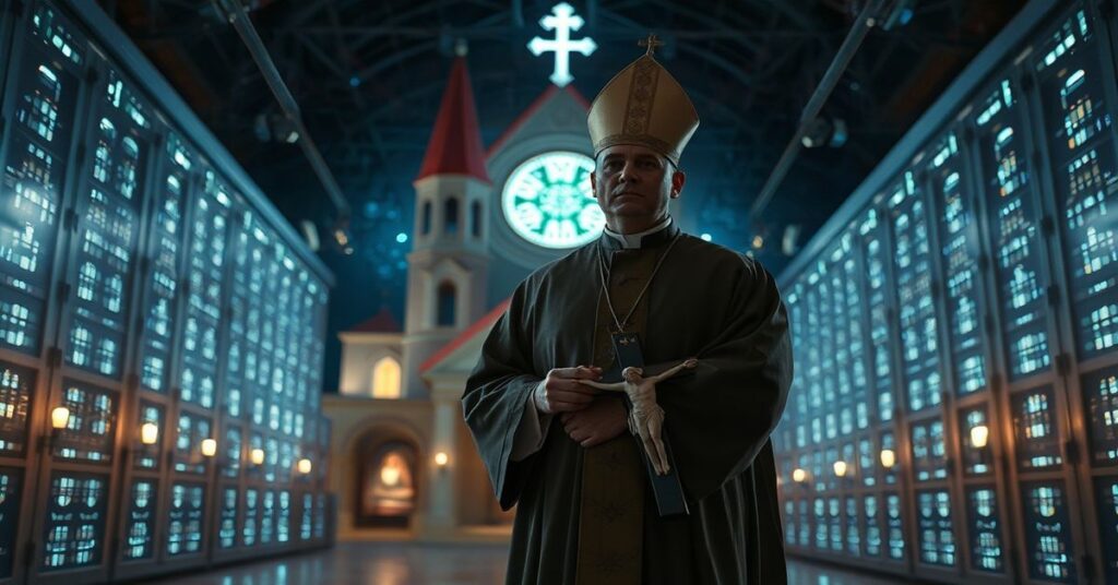 Obraz przedstawiający współczesną dystopię technologiczną w kontekście katolickiej wiary, z kościołem tradycyjnym w tle i nowoczesnym centrum danych AI na pierwszym planie.