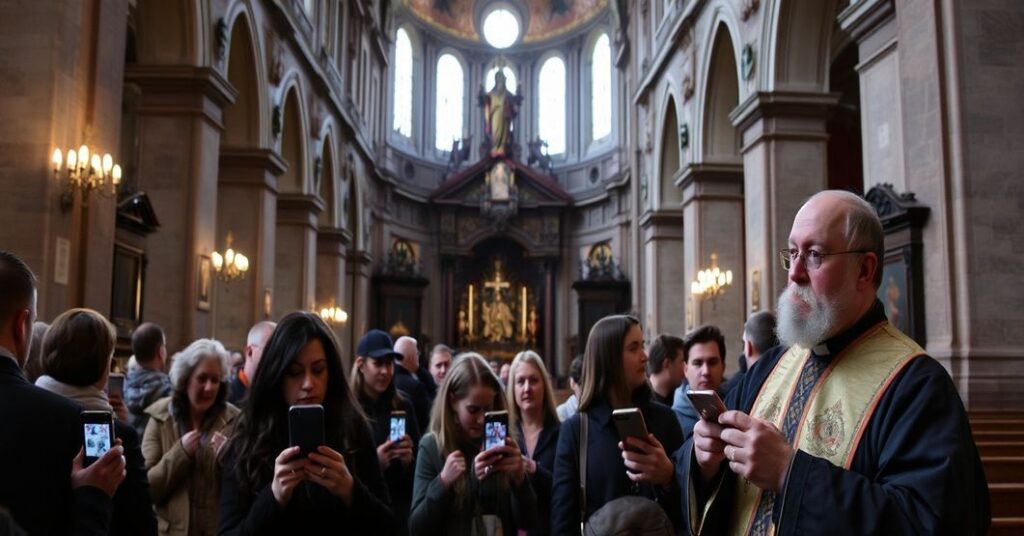 Wnętrze kościoła św. Antoniego we Wrocławiu z grupą turystów korzystających z e-przewodnika z kodami QR