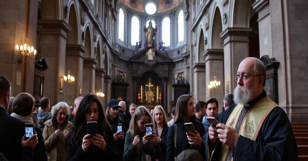 Wnętrze kościoła św. Antoniego we Wrocławiu z grupą turystów korzystających z e-przewodnika z kodami QR