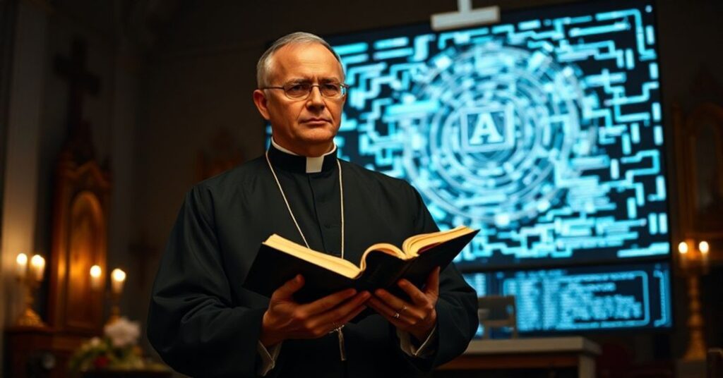 Katolicki kapłan w tradycyjnym ornaty stoi w ciemnym koście przy komputerze wyświetlającym sztuczną inteligencję, symbolizując konflikt między mądrością boską a technologiczna postepem.