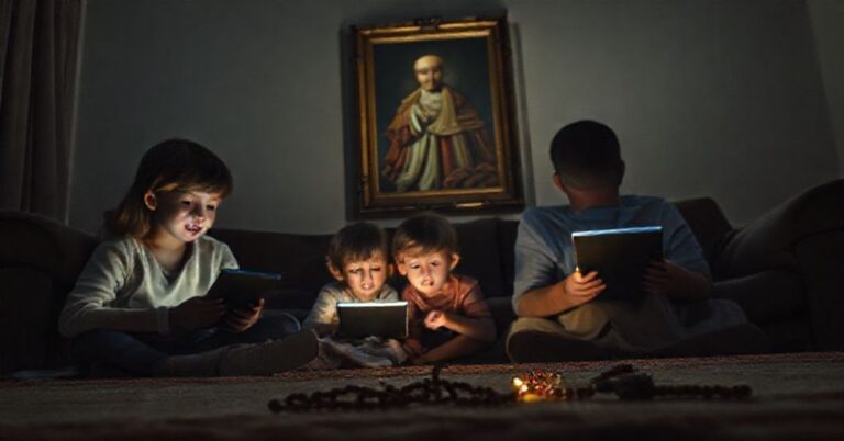 Scena rodziny w pomieszczeniu z urządzeniami cyfrowymi w tle portretem Piusa XI; symbolizuje duchową pustkę i zależność od technologii