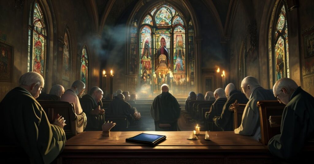 Stary kościół katolicki z modlącymi się seniorami i rozbitym telefonem na ławce