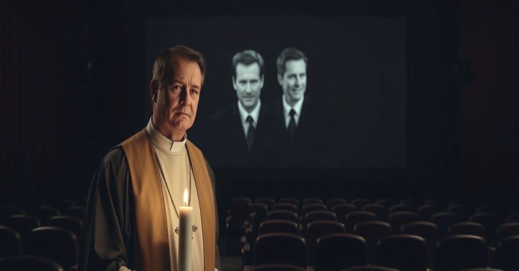 Katolicki ksiądz w stroju liturgicznym stoi przed pustym ekranem kina, symbolizując zagrożenia technologii AI dla ludzkiej duszy