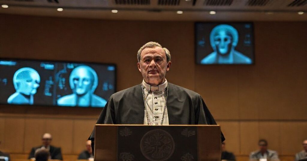 Portret Paolo Ruffiniego w trakcie przemowy na kongresie w Salamance, ilustrujący technokratyczny humanizm jako maskę apostazji w strukturach pseudokościoła.