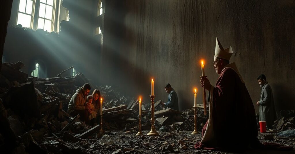 Rodzina modli się w zburzonym kościele w Teheranie podczas bombardowań w 2026 roku, z księdzem trzymającym monstrancję z Najświętszym Sakramentem.
