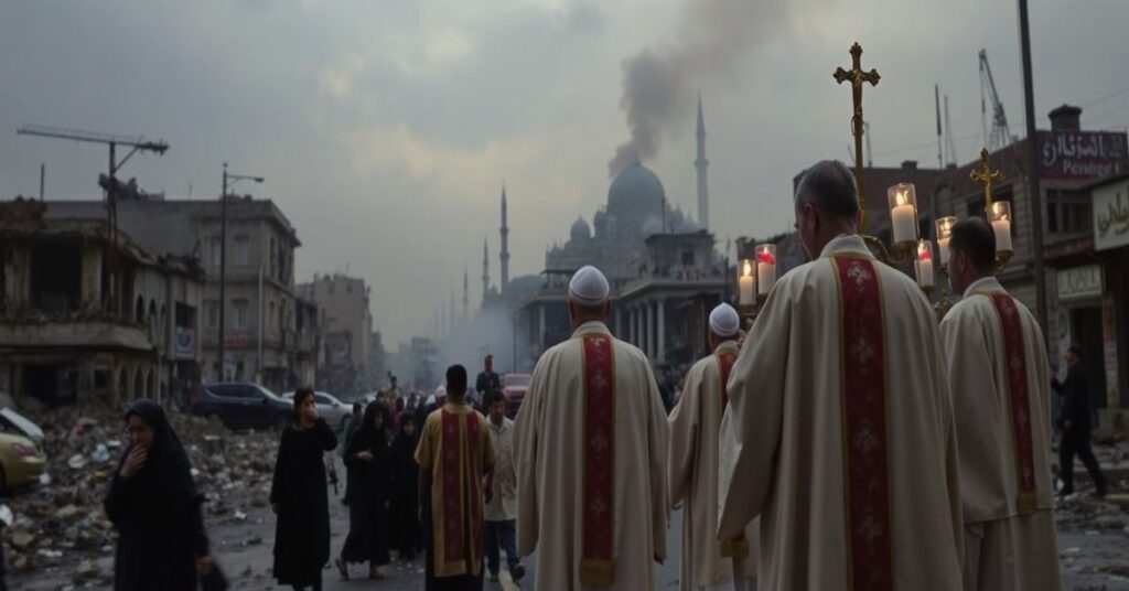 Scena smutku w Teheranie po amerykańsko-izraelskim ataku - zniszczone ulice, płaczące kobiety i dzieci oraz katolickie duchowieństwo modlące się za ofiary.