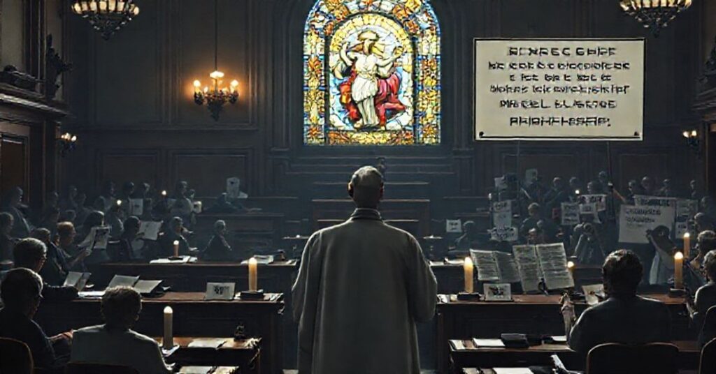 Salony legislacyjny w Teksasie w 2025 roku, gdzie debatuje się nad ustawą 'Bathroom Bill' i 'Woman and Child Protection Act' z perspektywy katolickiej