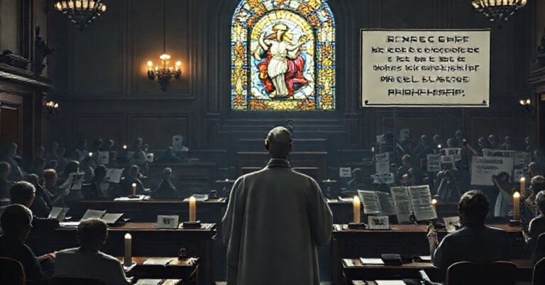 Salony legislacyjny w Teksasie w 2025 roku, gdzie debatuje się nad ustawą 'Bathroom Bill' i 'Woman and Child Protection Act' z perspektywy katolickiej