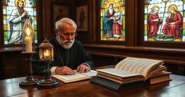 Tradycyjny katolicki teolog studiujący dokumenty Soboru Watykańskiego II przy świetle lampy oliwnej, otoczony księgami i krucyfiksem.