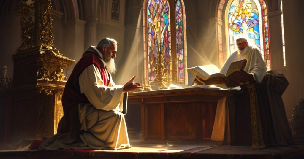 Zdjęcie przedstawiającego katolickiego teologa w tradycyjnych szatach liturgicznych modlącego się przed Najświętszym Sakramentem w kościele z witrażami przedstawiającymi Chrystusa Króla.