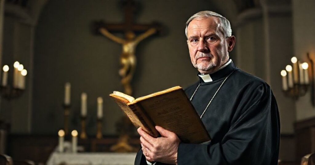 Tradycyjny teolog katolicki w sutannie trzyma encyklikę Quas Primas Piusa XI w kościele przy cichym świetle świec.