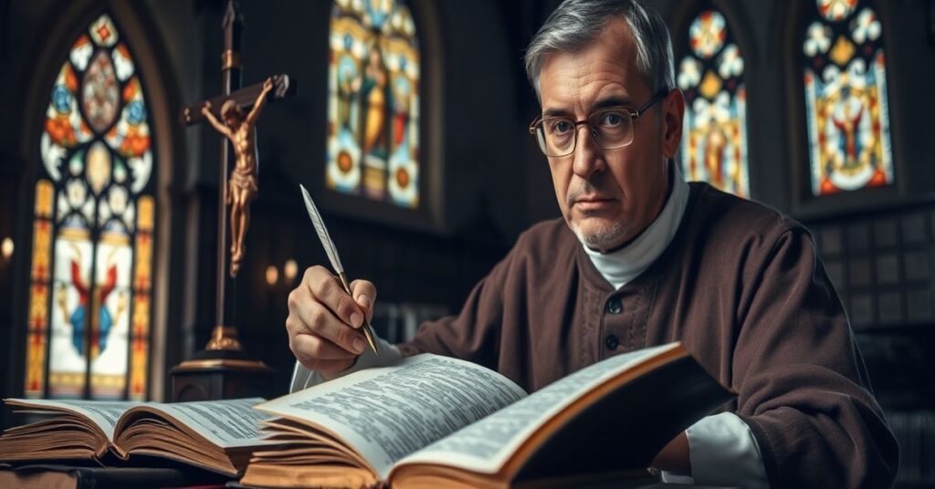 Tradycyjny teolog studiujący Księgę Objawienia w ciemnym wnętrzu kościoła