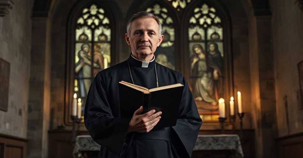 Prasowozemsty kapłan w czarnej sutannie przed ołtarzem w starożytnej kościele z gasnącymi świeczkami i widokiem Ostatecznego Sądu w oknach witrażowych