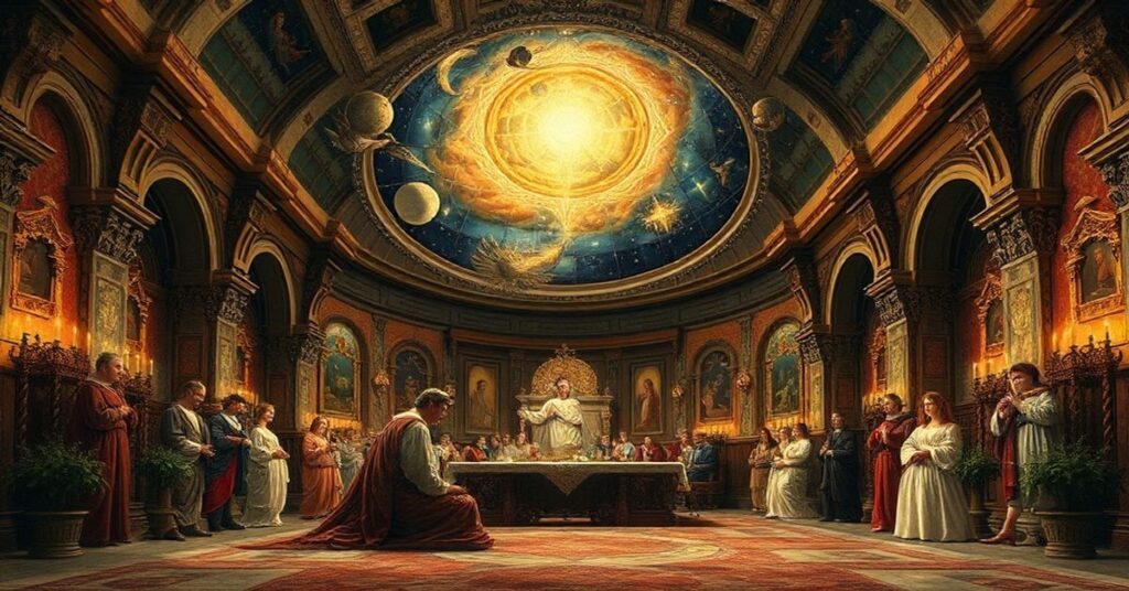 Stary kościół katolicki z rzeźbami świętych i freskami biblijnymi. Na ołtarzu leży książka "Bogowie z kosmosu" Ericha von Dänikena.