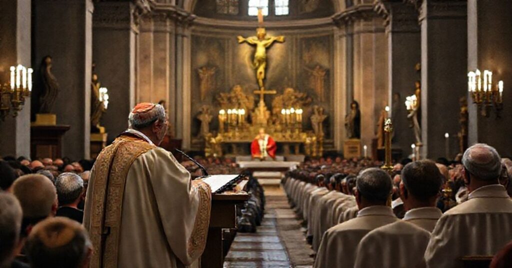 Tradycyjny rzymski kościół z "kardynałem" Pietrem Parolinem przemawiającym z ambony na tle zatroskanej zgromadzonej wspólnoty. Scena podkreśla dramatyzm rosyjskich ataków na Ukrainę w oczach nowoczesnej teologicznej pustki.