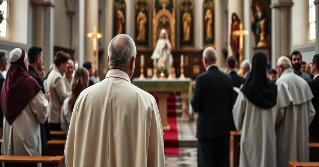Tradycyjny katolicki ksiądz w pełnym ornaty stoi przed ołtarzem w Bazylice Matki Bożej Wspomożycielki w Filipovie, wyrazem smutku za teologiczną zdradę ekumenizmu.