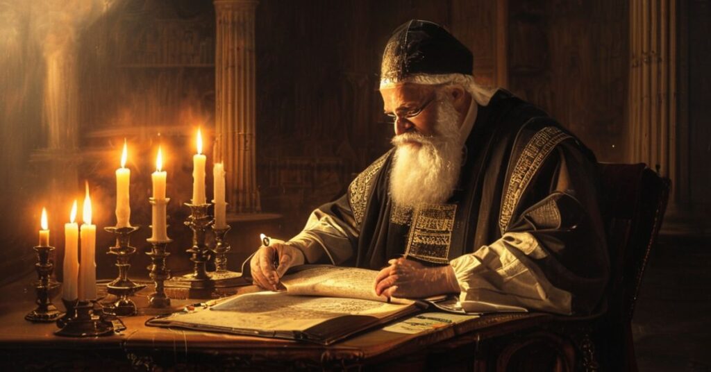 Powaga teologa w tradycyjnym stroju kościelnym siedzącego przy biurku pełnym starych dokumentów. Scena symbolizuje debatę na temat złego wpływu dialogu ekumenicznego.