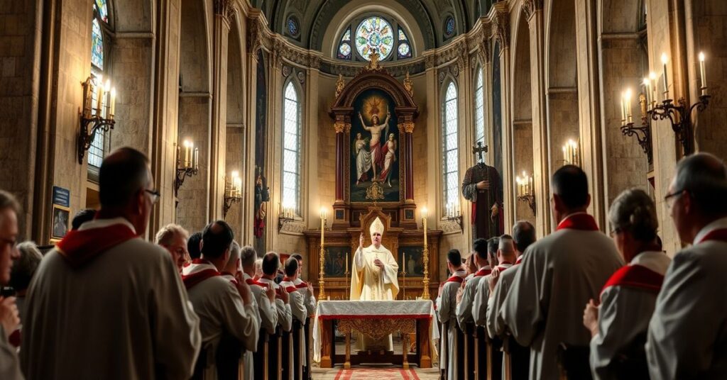 Obraz tradycyjnej mszy łacińskiej w kościele św. Błażeja w Zagrzebiu z 'arcybiskupem' Salvatore Cordileone podczas nowego adwentu