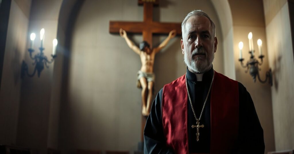 Sobierajny obraz tradycyjnego księdza w liturgicznych szatach stojącego przed krucyfiksem, symbolizujący teologiczną debatę o męczeństwie.