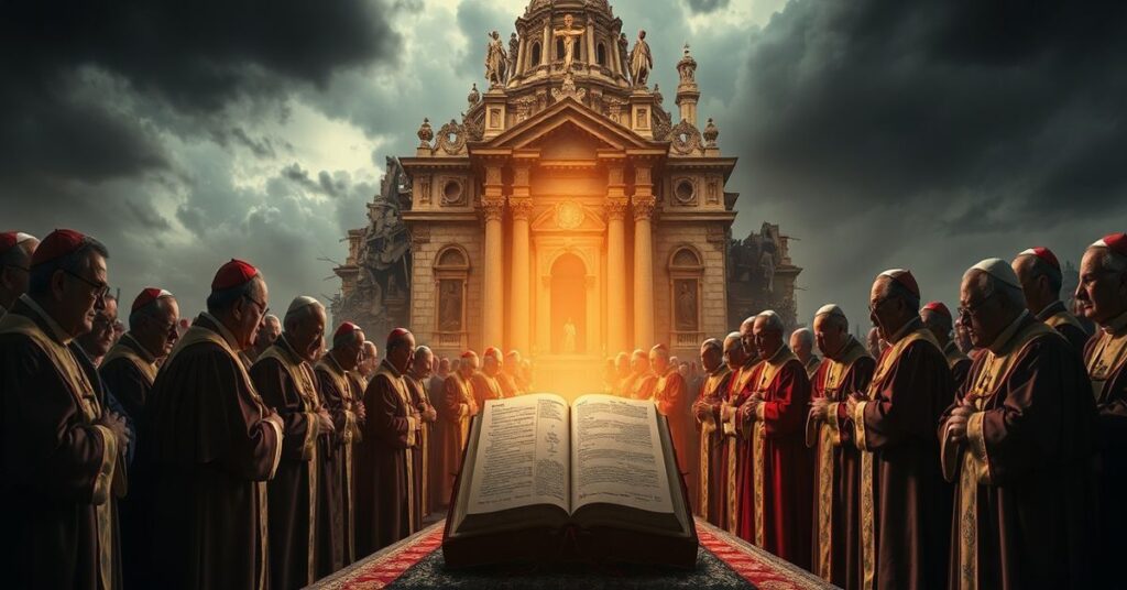 Ceremonia religijna u grobu Benedykta XVI z udziałem kardynałów w tradycyjnych szatach liturgicznych, symbolizująca teologiczne bankructwo posoborowej hagiografii.