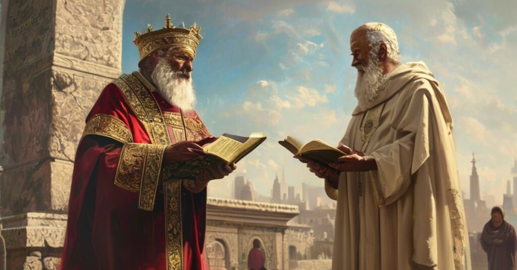 Tradycyjny katolicki teolog w ornacie stoi przed starożytnym kamiennym ołtarzem, wyrażając odrzucenie nowoczesnych herezji związanych z pielgrzymkami do Ziemi Świętej.