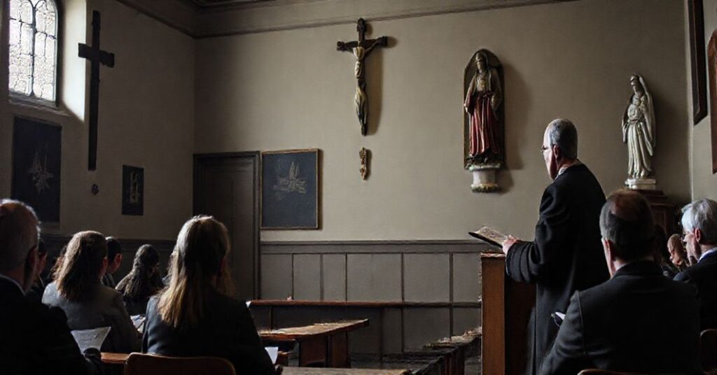 Sobór katolicki w Tarnowie - studenci słuchają wykładu z Biblią i krzyżem na tle