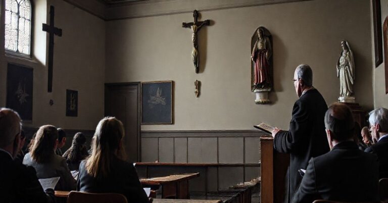 Sobór katolicki w Tarnowie - studenci słuchają wykładu z Biblią i krzyżem na tle