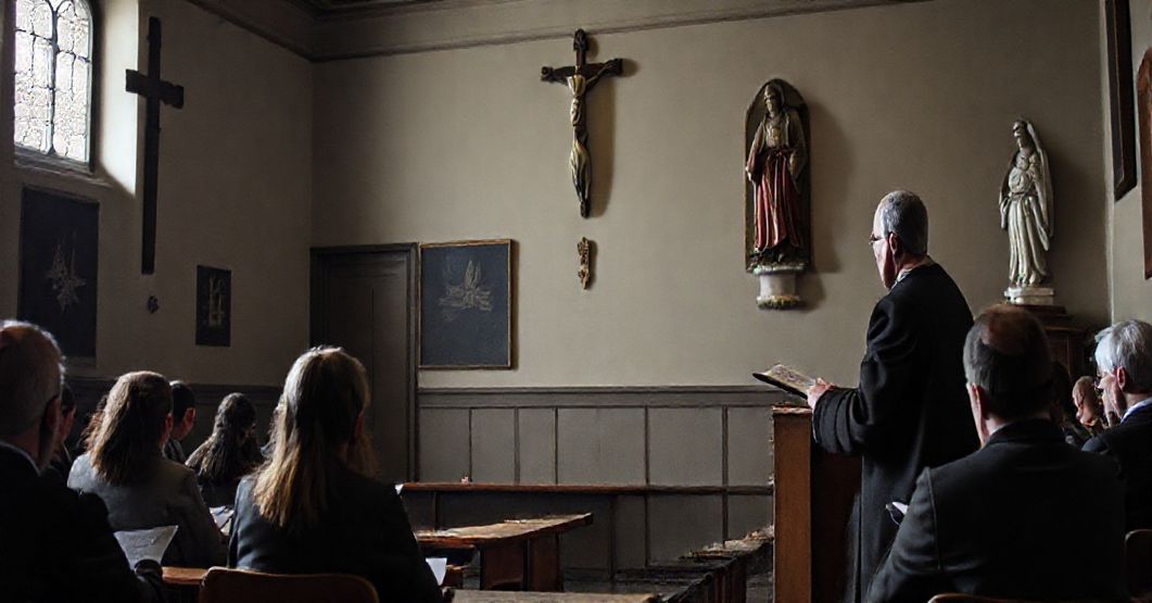 Sobór katolicki w Tarnowie - studenci słuchają wykładu z Biblią i krzyżem na tle