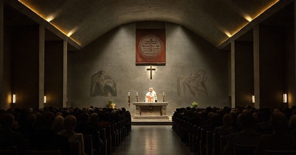 Pseudolatare Flash w modernistycznej krypcie katedry katowickiej podczas "mszy" prowadzonej przez "abp" Andrzeja Przybylskiego.