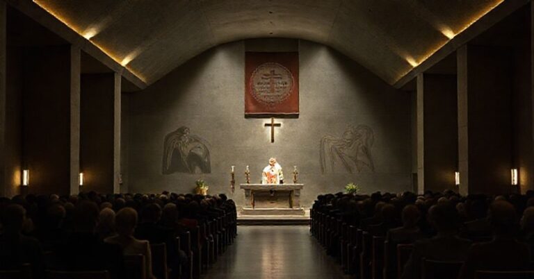Pseudolatare Flash w modernistycznej krypcie katedry katowickiej podczas "mszy" prowadzonej przez "abp" Andrzeja Przybylskiego.