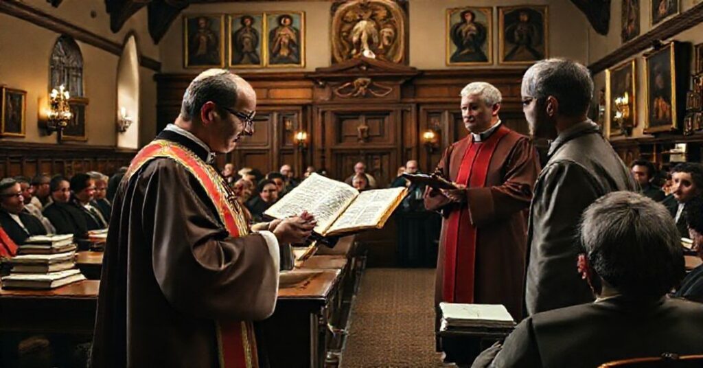 Sobór katolicki z tradycyjnymi ikonami i ksiągami. Ambona z otwartą Biblią obok kleryka w tradycyjnych szatach oraz ewangelickiego kaznodziei w nowoczesnym stroju. Scena przedstawia konflikt między katolicką ortodoksją a modernistycznymi interpretacjami Pisma Świętego.