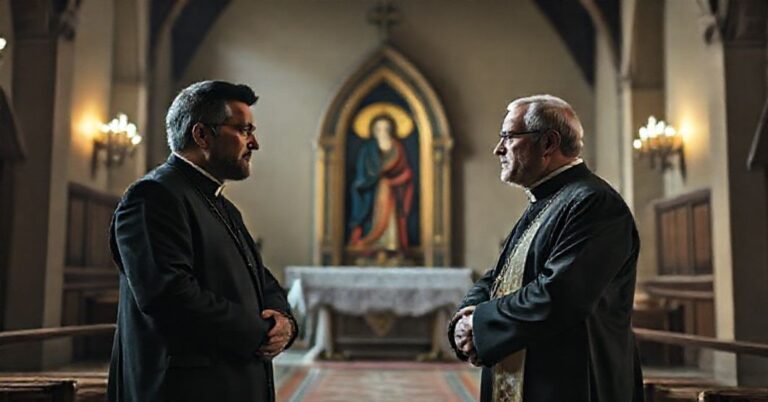 Scena katolicka przedstawiająca teologiczny kryzys konwersji anglikańskich do konkiliarskiego "Kościoła", z pustą kaplicą modernistyczną na tle. Michael Nazir-Ali i Gavin Ashenden stoją w rozmowie przed ikoną Matki Bożej z Walsingham