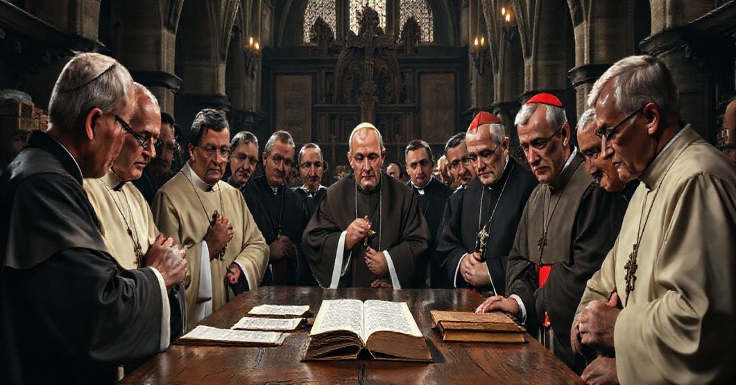 Grupa zaniepokojonych duchownych i wiernych dyskutująca w katedrze w atmosferze teologicznej kryzysu.