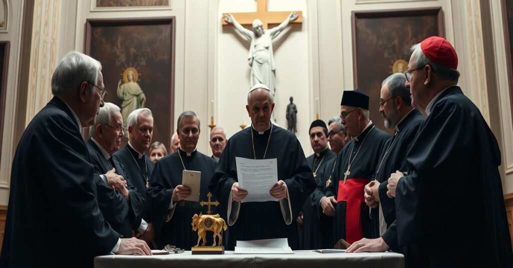 Grupa teologów w tradycyjnych szatach prezentuje list kardynałowi Fernándezowi przed posągiem Matki Bożej Mediatrix w Watykanie