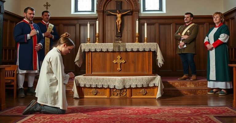Tetiana Sahaidak modli się przed ołtarzem katolickim z Krzyżem i świecami, otoczona członkami Rycerzy Kolumba i pracownikami Protez Foundation.