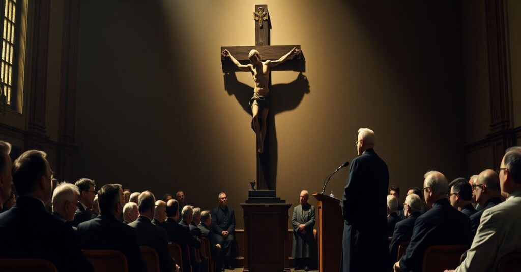 Dimly lit sala wykładowa w Rzymie z Petrem Thielem na podium. W tle krzyż katolicki rzuca cień wraz z modernistycznymi duchownymi w świeckiej odzieży.