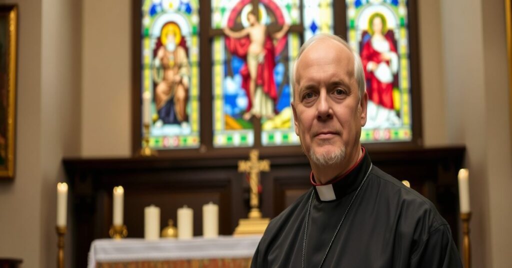 Portret Tomasza Homana przed tradycyjnym ołtarzem katolickim z krzyżem i świecami. Na tle widać zatarte obrazy Antypapieża Leona XIV i biskupów USCCB w oknie witrażowym przedstawiającym Chrystusa Króla.