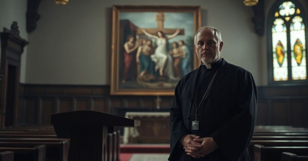 Wnętrze tradycyjnego kościoła katolickiego podczas wieczoru poświęconego ks. Tischnerowi w Paryżu. Na pierwszym planie aktor Olgierd Łukaszewicz cytuje jego słowa o dramacie ludzkim.