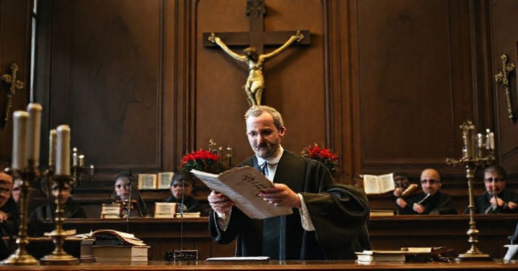 Sąd Trybunału Konstytucyjnego z Krzyżem i księgami prawnymi w tle