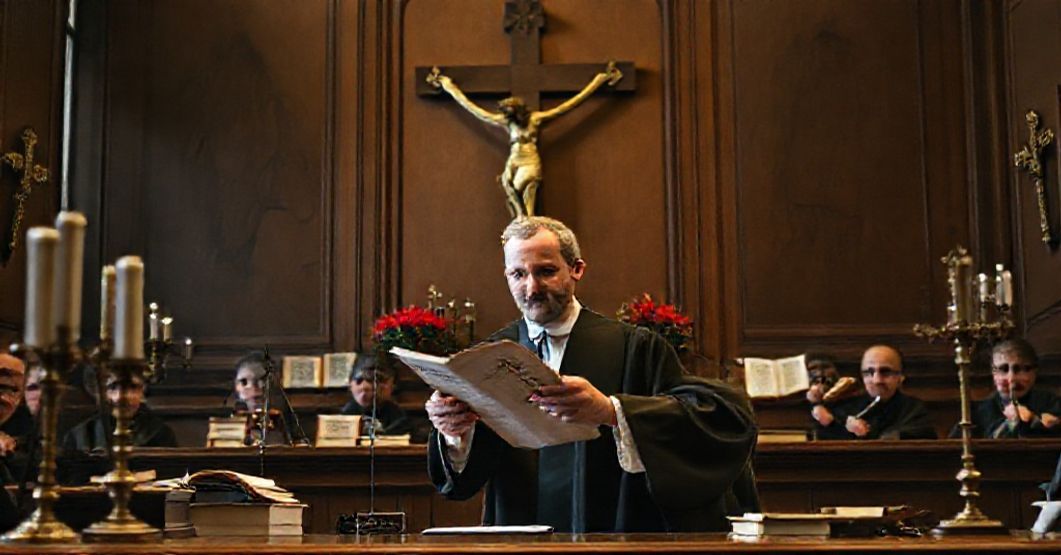 Sąd Trybunału Konstytucyjnego z Krzyżem i księgami prawnymi w tle