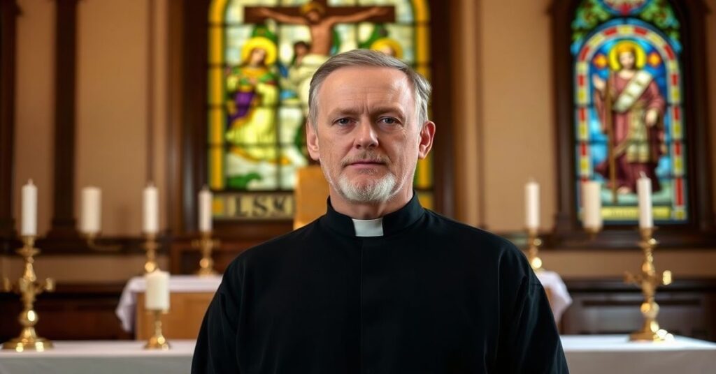 Portret Toma Homana przed ołtarzem kościoła katolickiego z krzyżem i świecami.