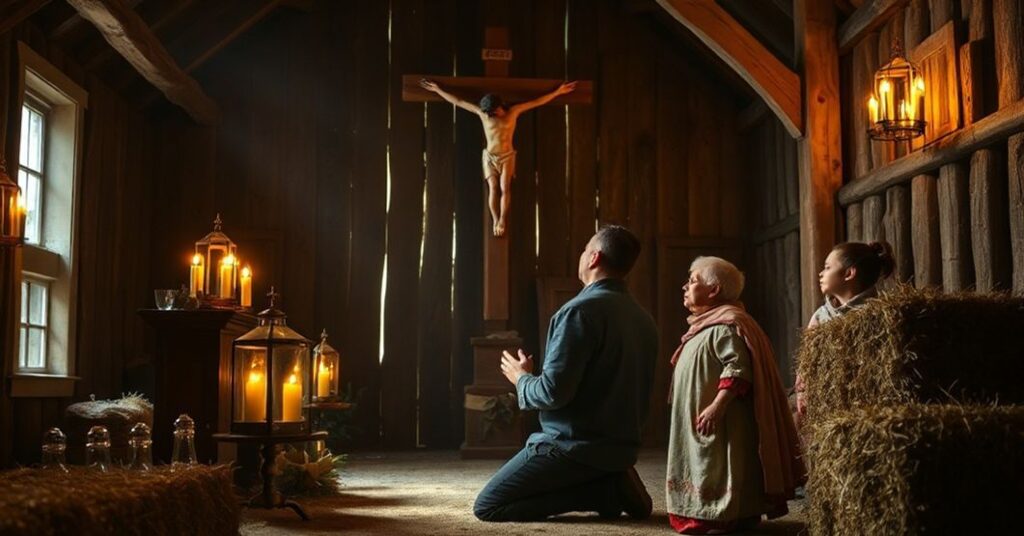 Kneeling Catholic father in a rustic barn praying with his son with Down syndrome
