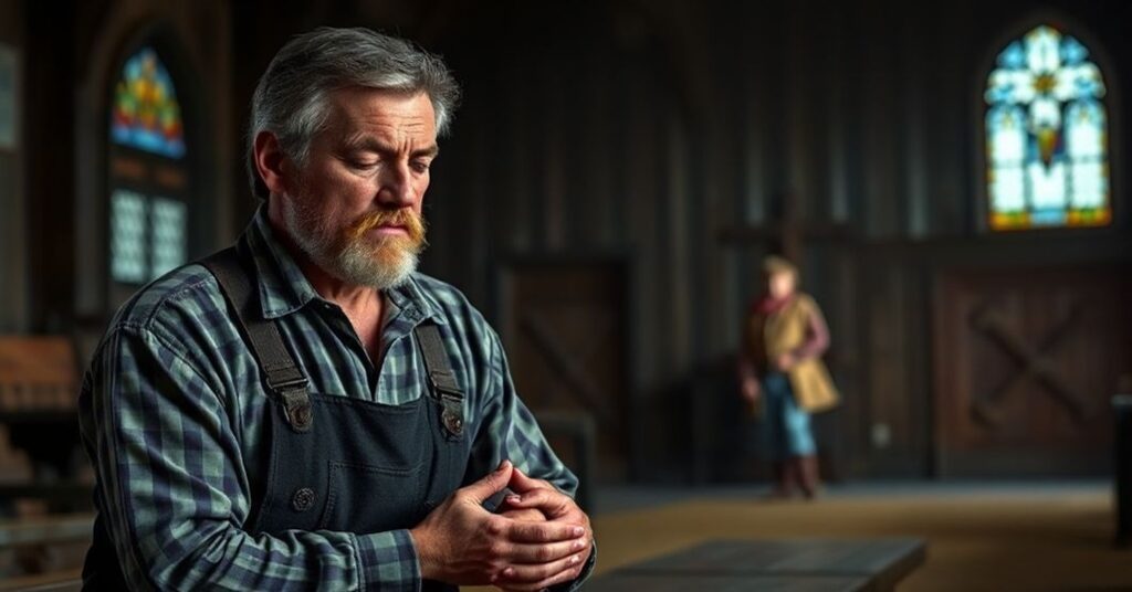 Portret Tomasza Vander Woude'a w modlitwie w kościele z synem z zespołem Downa na tle stajni