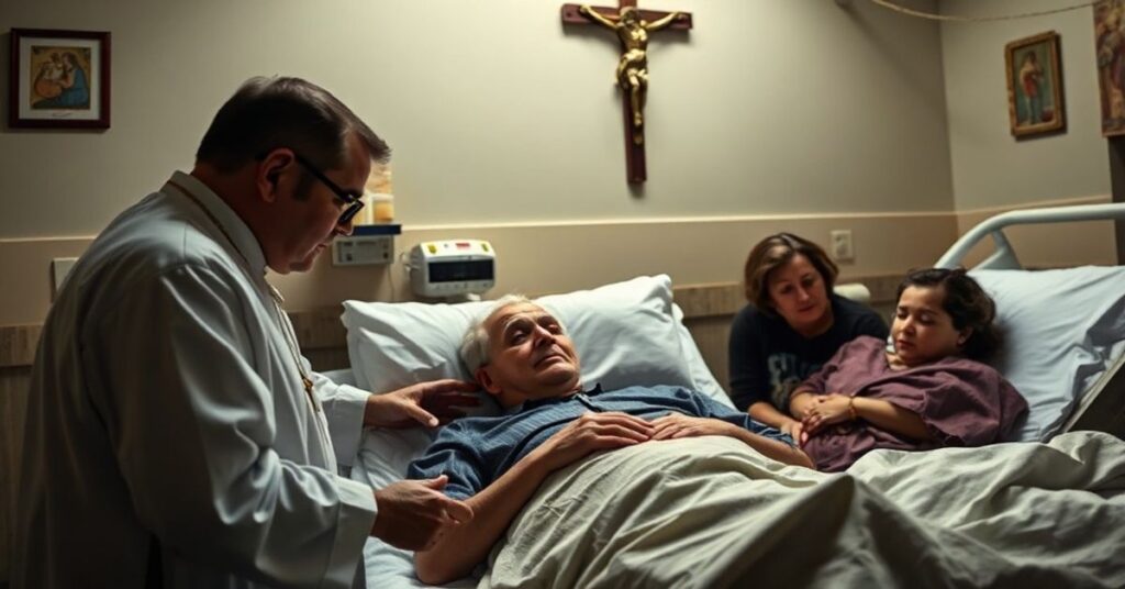 71-letni Tony Lewis w szpitalnym łóżku otoczony rodziną i księdzem przy udzielaniu sakramentu namaszczenia chorych.