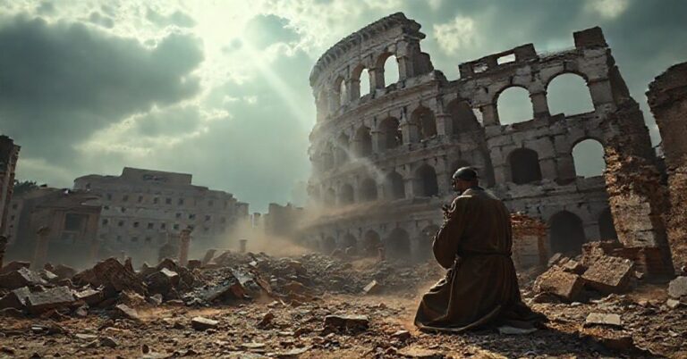 Zdjęcie przedstawiające ruiny Torre dei Conti w Rzymie z tłem Koloseum, symbolizujące upadek moralny neokatolicyzmu.